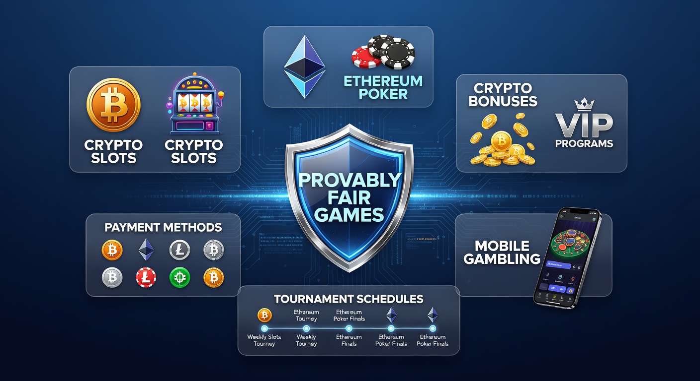 Dynamische Darstellung eines provably fair Crypto-Casinos mit Ethereum-Poker-Tischen und mobilen Slots im April 2026