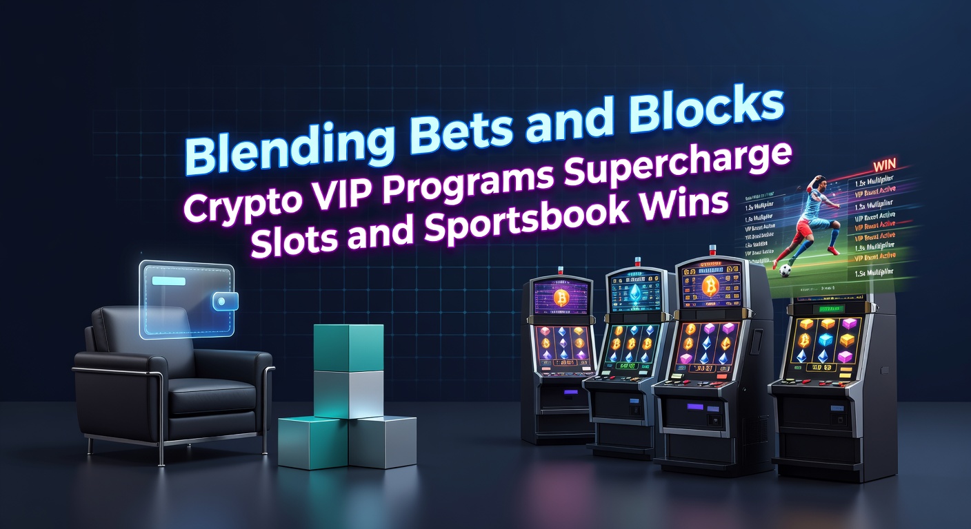 Dynamische Grafik, die Blockchain-Elemente mit Slot-Maschinen und Sportwetten-Symbolen vermischt, um Crypto-VIP-Vorteile zu illustrieren