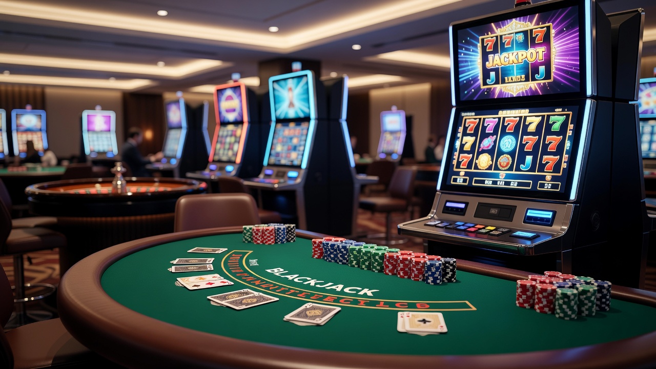 Moderne Casino-Spieletische mit Blackjack und Roulette in einer belebten Spielhalle