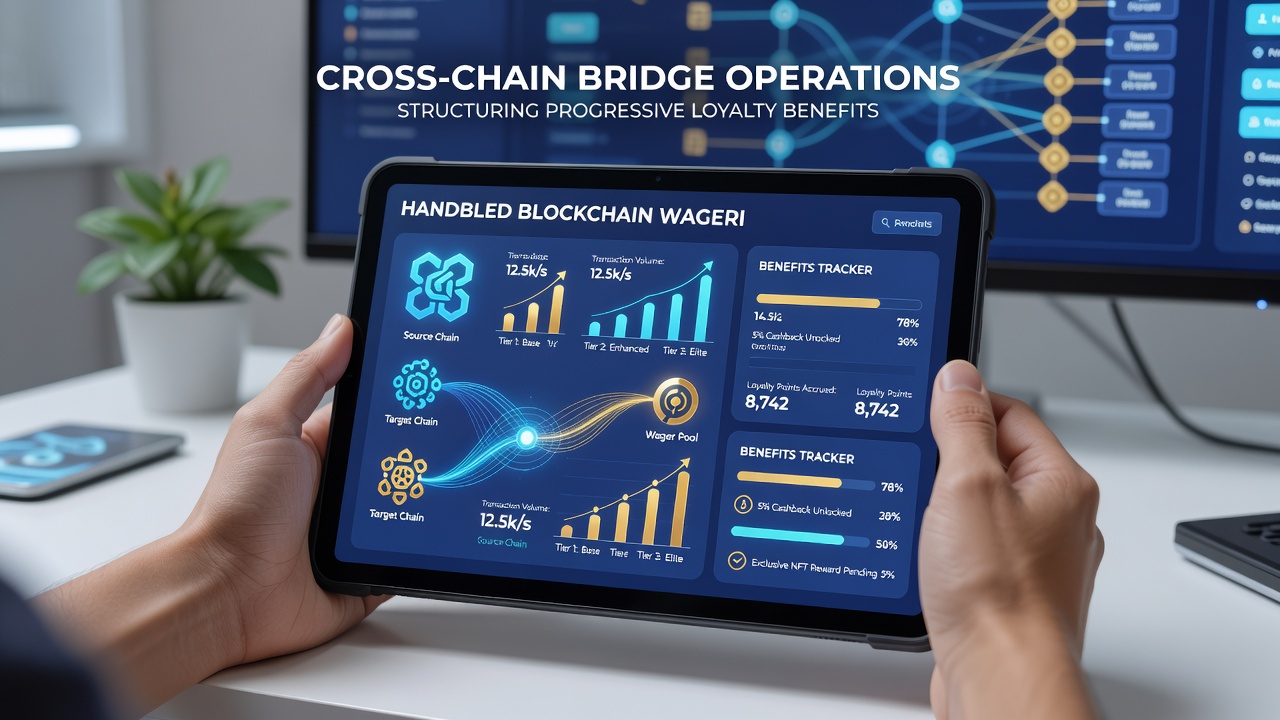 Mobile Schnittstelle einer Blockchain-Wett-App mit Cross-Chain-Transfers und progressiven Loyalitätsanzeigen