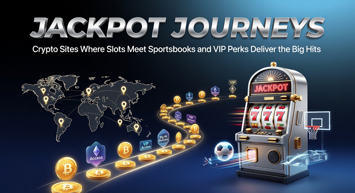 Leuchtende Slot-Maschinen und Sportwetten-Interfaces auf einer Krypto-Plattform, umgeben von Jackpot-Symbolen und VIP-Elementen