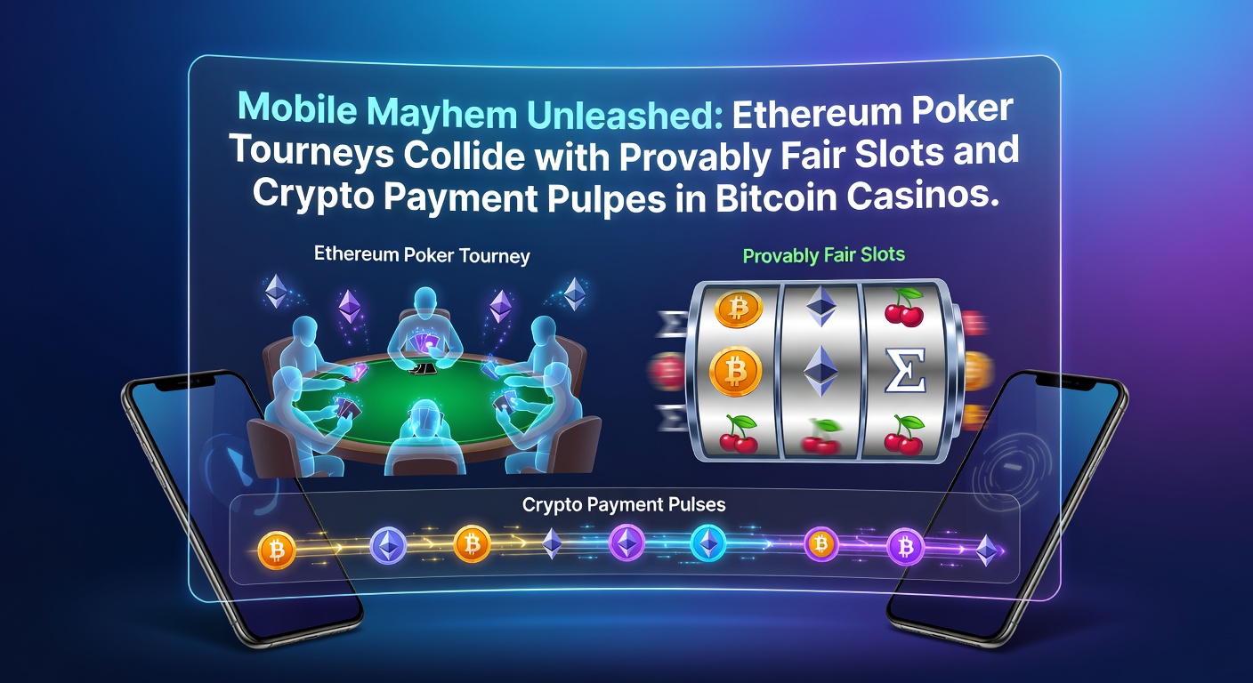 Smartphone mit Ethereum-Poker-Turnier-App und rotierenden Slots im Hintergrund, umgeben von Bitcoin-Symbolen und mobilen Zahlungsblitzen