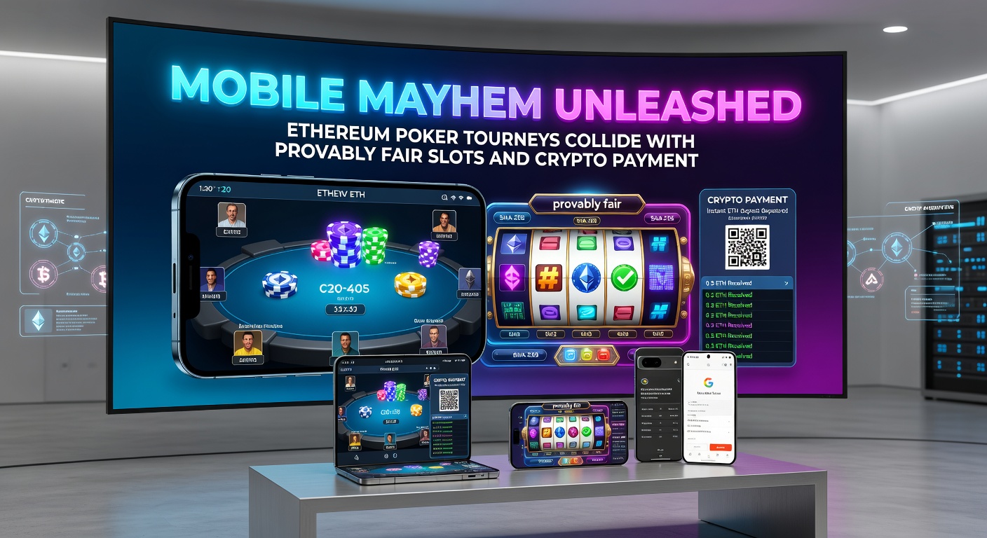 Dynamisches Bild von provably fair Slot-Maschinen auf einem Tablet, mit Ethereum-Poker-Tisch und Bitcoin-Transaktionsblitzen, die kollidieren