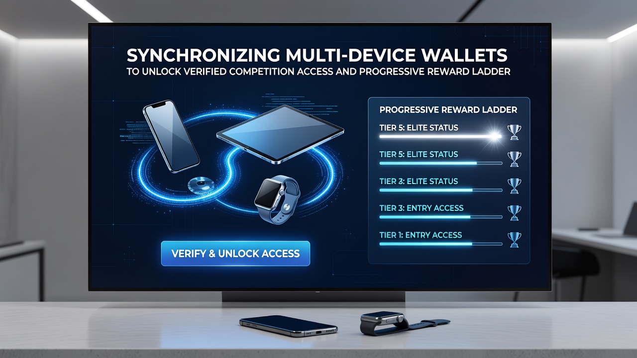 Darstellung eines synchronisierten Wallet-Systems mit Belohnungsleiter und verifizierten Wettbewerbszugängen