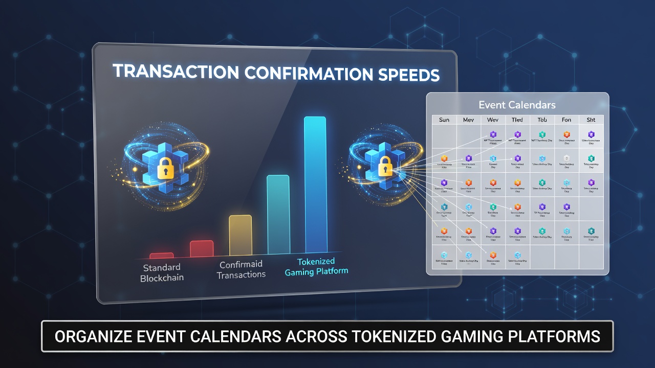 Transaktionsbestätigungsgeschwindigkeiten in tokenisierten Gaming-Plattformen visualisiert durch Blockchain-Netzwerke und Event-Kalender